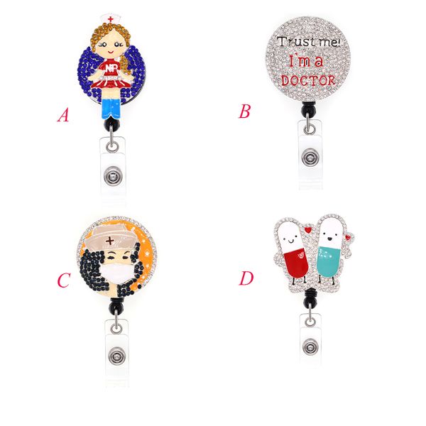 

1pc /5pcs /10pcs medical rhinestone angel nurse doctor pills retractable id badge holder reel for doctor hospital, Gray