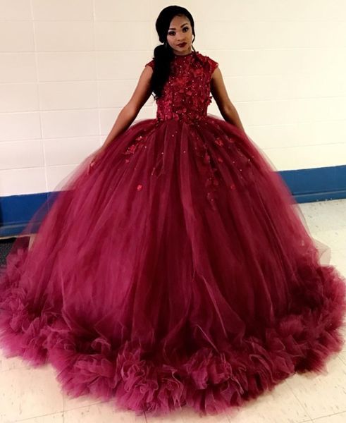

burgundy off shoulder lace ball gown prom dresses 2019 with beaded appiques jewel neck puffy formal evening party gowns, Black
