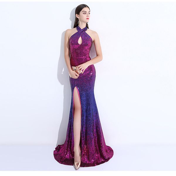 

colorful sequins long prom dresses 2020 new halter neck mermaid prom gowns bling party gowns, Black