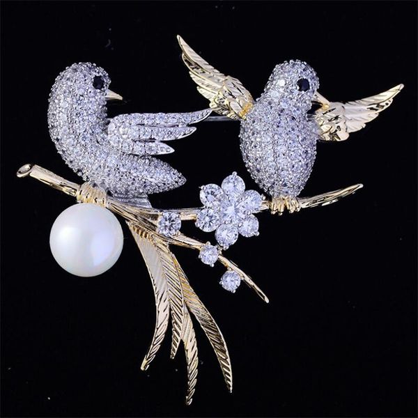 

double bird on branch pearl rhinestone brooch crystal cute swallow pins and brooches for women christmas pin badges jewelry gift, Gray