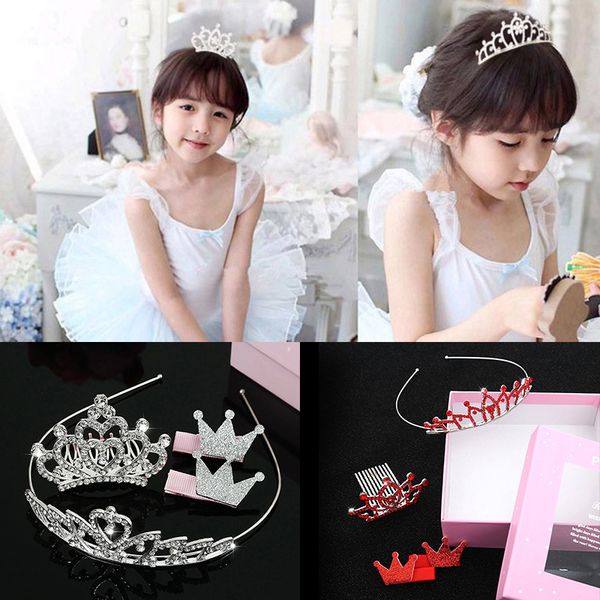 

korean style children crown headdress set princess crown headband girls cute rhinestone hairpin@88, Golden;white