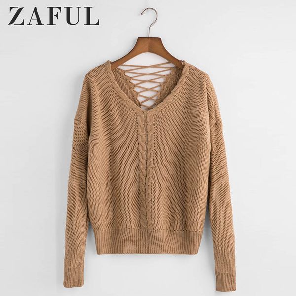 

zaful женщины v шеи кабель вязать решетки обратно свитер 2019 новый падение плеча дамы топы упругие твердые ежедневно свободные пуловер свит, White;black