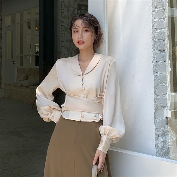 

2020 сезон темперамент все соответствует сплошной цвет тонкий тонкий v-образным вырезом плечевой ремень рубашка с длинным рукавом рубашки ля, White