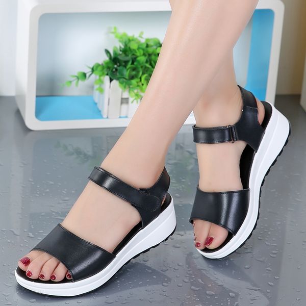 

2020 genuine leather women sandals shoes platform ladies white sneakers sandals shoe summer open toe fashion high heel footwear, Black