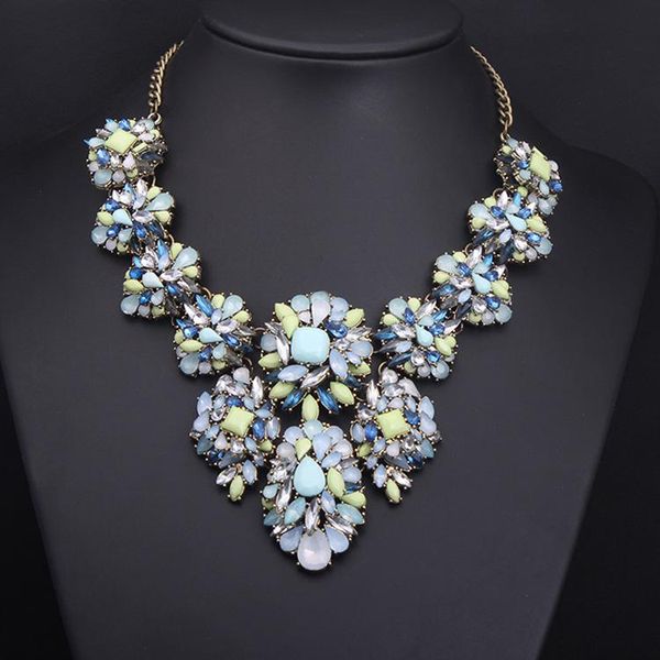 

resin gem crystal flower choker statement necklace europe style bronze alloy, Golden;silver