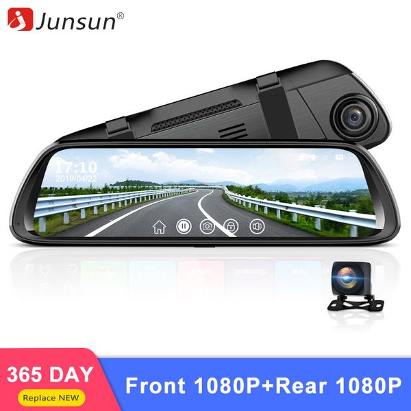 

junsun dual lens 1080p 9.66" ips touch screen car dvr stream rearview mirror dash camera dual lens night vision parking monitor