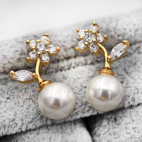 

luxury women flower stud earrings korean style elegant pearl ball small earrings flower figure zircon stud obs1541, Golden;silver