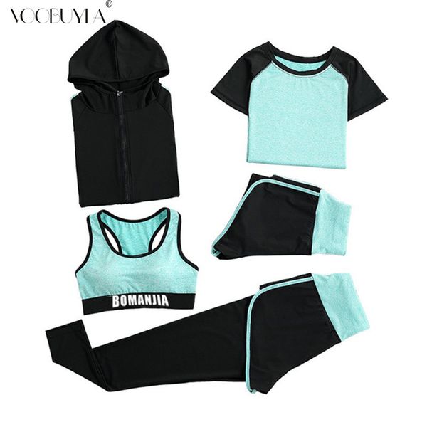 

voobuyla yoga suits women gym clothes fitness running tracksuit sports bra++tight pants+yoga shorts/t-shirts+coat 5-piece set, Black;blue