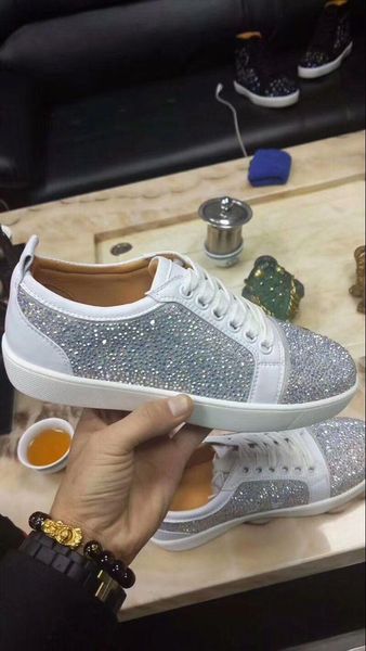 

new arrival mens womens white genuine leather with rhinestones low red bottom sneakers,design causal shoes 35-47 drop shipping, Black