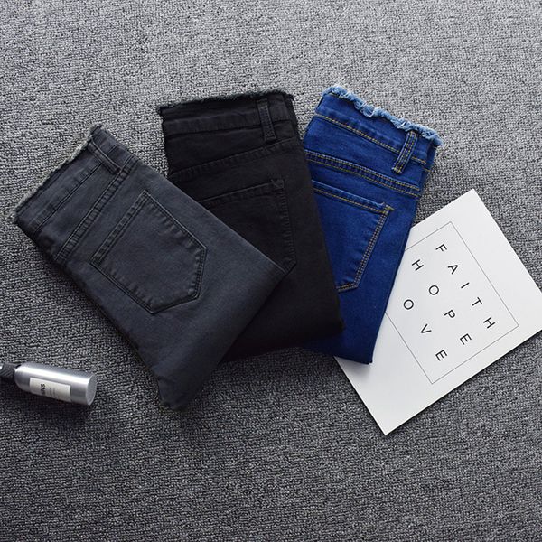 

2019 spring skinny pencil jeans for women summer new high waist pencil strech denim ankle length pants tassel jeans ship, Blue