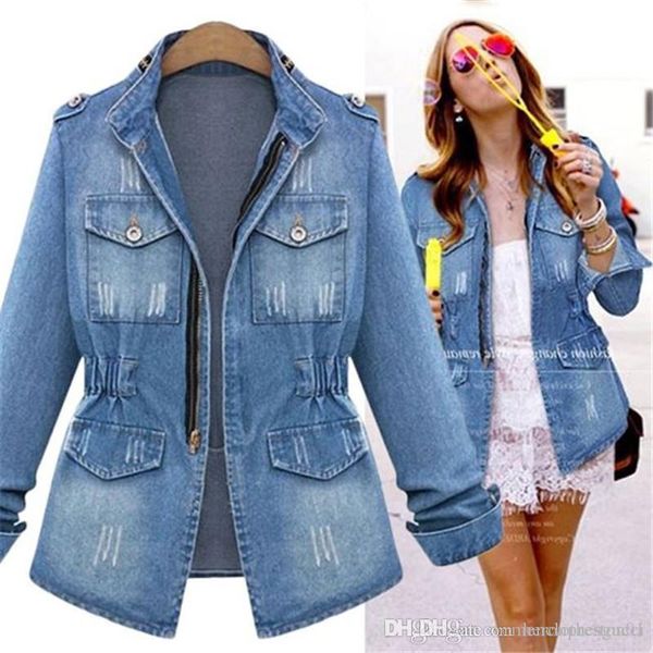 

women scriatched pocket jeans jackets spring autumn long sleeve fashion female coat casual women denim outwear with zipper, Black;brown