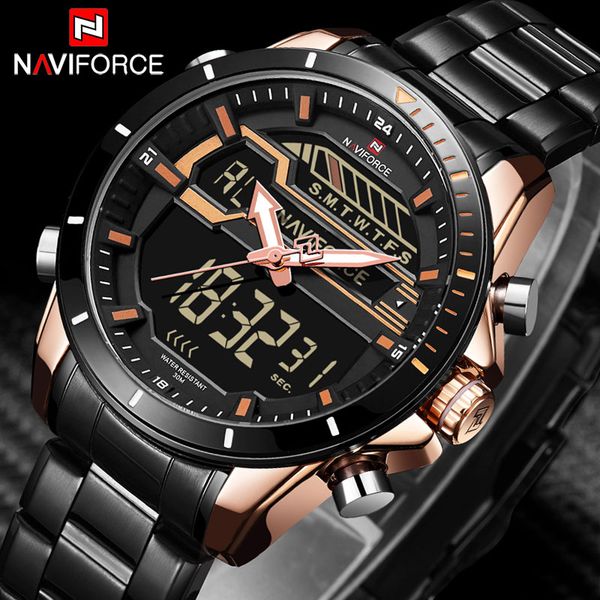 

naviforce brand men sport watches waterproof chronograph led digital analog watches mens steel quartz clock relogio masculino, Slivery;brown