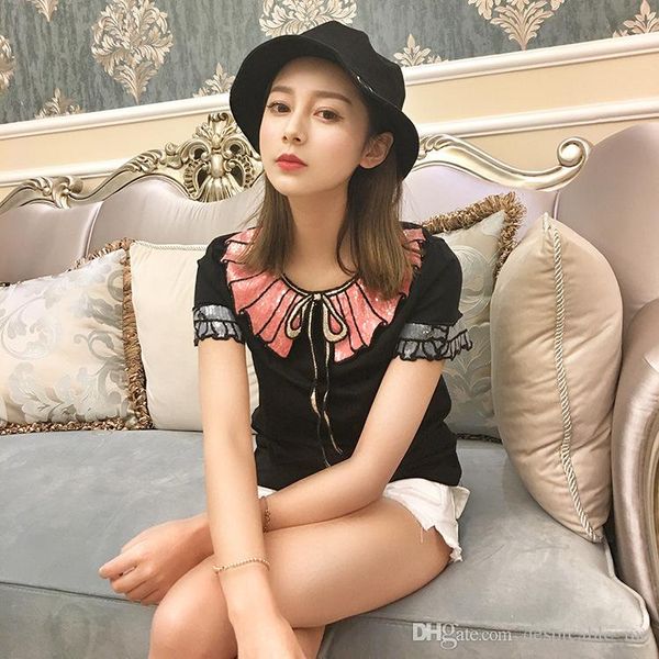 

тенниска женщина 2016 летом нового блесток лук вышивки кристалл пряжка полоса гофрированного воротник короткого лепесток рукав черная полоса, White