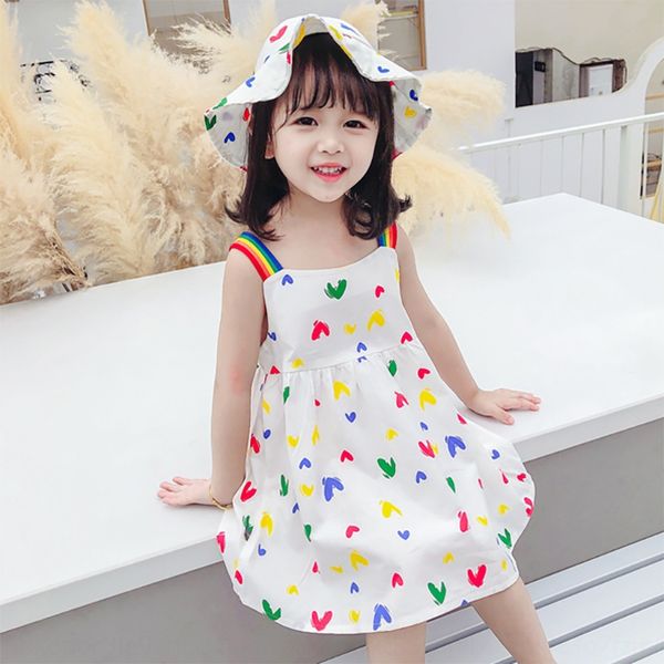 

clothing 2020 summer girl's dress korean love rainbow princess dress hat for children's children's free, White;black