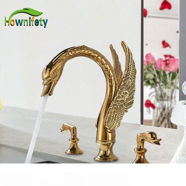 

golden bathroom basin faucet and cold water faucet three holes two handle mixers tap bird handle