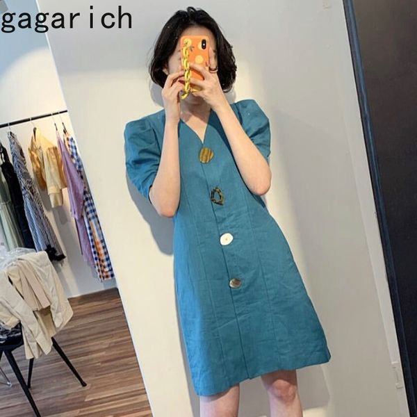 

gagarich women blue dress summer fashion korean chic style v-neck chic button loose puff short sleeve ladies vestidos, Black;gray