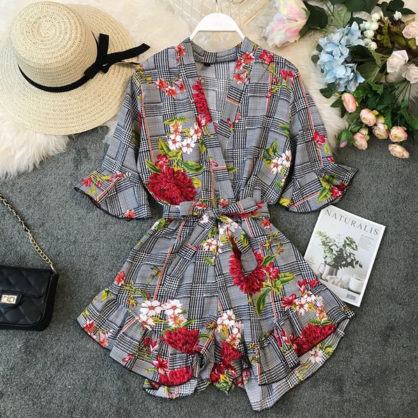 

vintage high waist summer playsuit overalls summer women floral print beach jumpsuit romper, Black;white