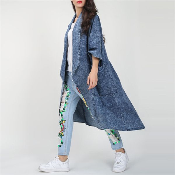

женщины длинные джинсы куртки женские сыпучие denim пальто женский осень tops воротник отложной вскользь верхняя одежда, Tan;black