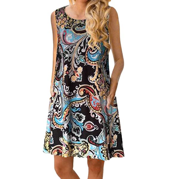 

dress womens sleeveless vintage boho maxi party beach floral dress feitong casual o-neck fashion new arrival, Black;gray