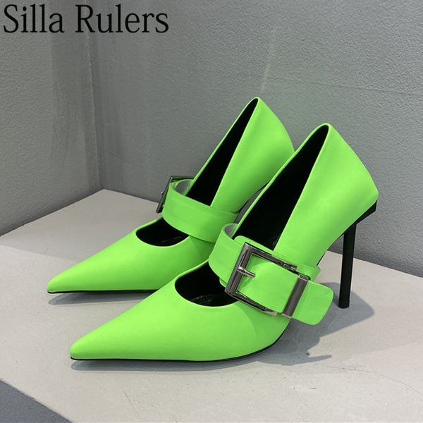 

runway pointed toe belt buckle pumps woman thin high heels party shoes woman show shoes genuine leather shallow high, Black