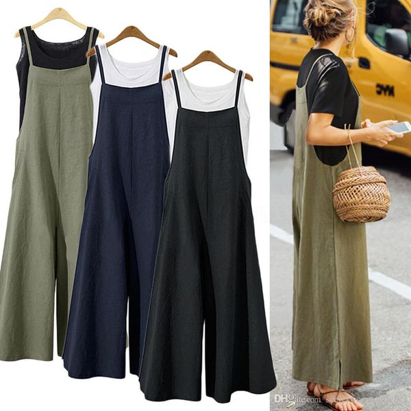 

summer women strappy solid comfy wide leg jumpsuits women's casual loose dungarees bib overalls cotton linen rompers, Black;white