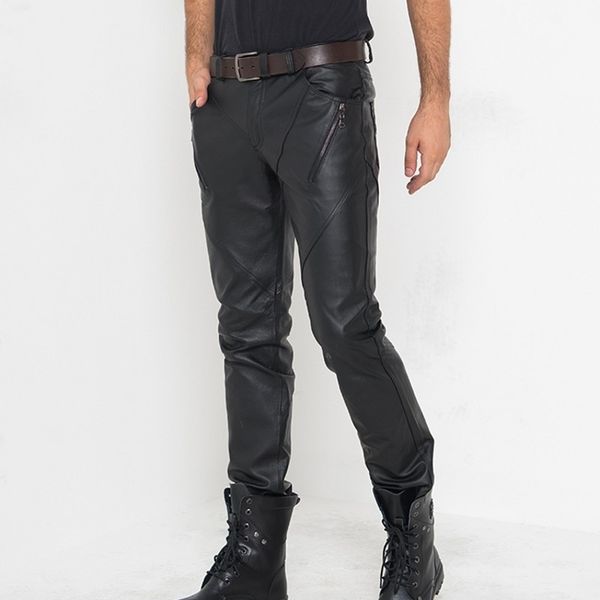 

высокое качество мужская настоящая свиная кожа bootcut длинные брюки slim fit карандаш брюки плюс размер мотор байкер ветрозащитные брюки из, Black