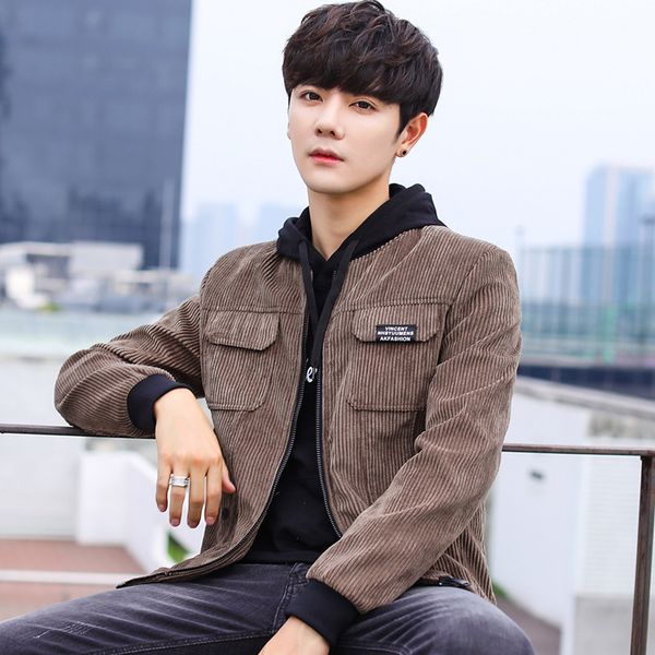 

spring and autumn jacket men new style corduroy korean-style slim fit stand collar trend students handsome cool men's coat, Black;brown