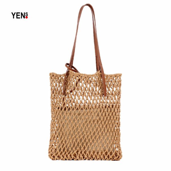 

women casual tote natural woven hollow out shopping bag summer beach bag retro women messenger summer knitting shoulder
