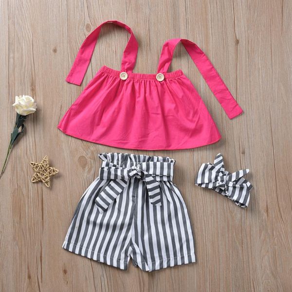 

baby girls kids clothes off shoulder strap button solid pullover t-shirts striped bandage shorts bow headband 3pc toddler outfit, White