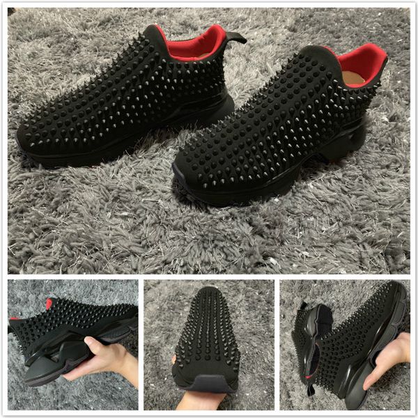 

fashion luxury red bottom men women casual shoes spikes rivets rhinestone dress party walking shoes sneakers chaussures de sport 35-46, Black