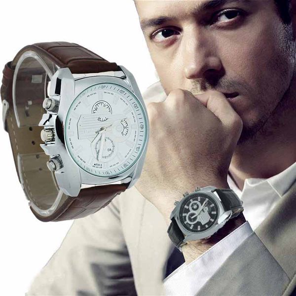 

men stainless steel case faux leather strap quartz analog wrist watch fashion sports cool men's quartz digital watch, Slivery;brown