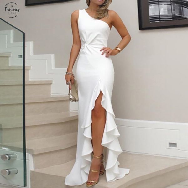 

2020 new summer women dress one shoulder ruched ruffle formal evening party dress slim maxi long dresses vestidos z827, Black;gray