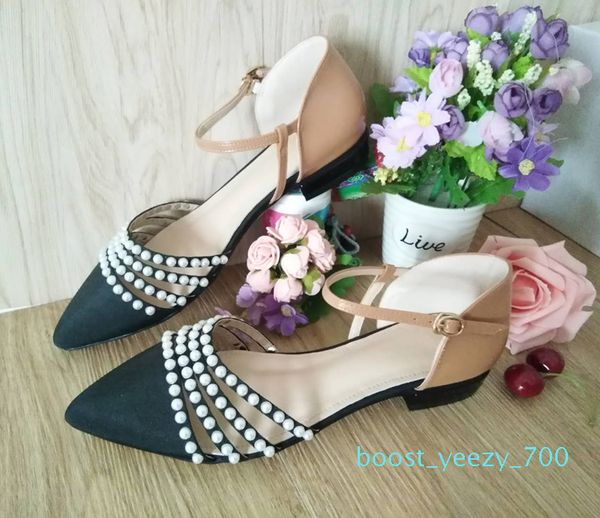 

chinelo designer sandals women luxury 2019 ballengary pearls ankle strap shallow sandalias mujer pointed toe low heels pumps b70, Black