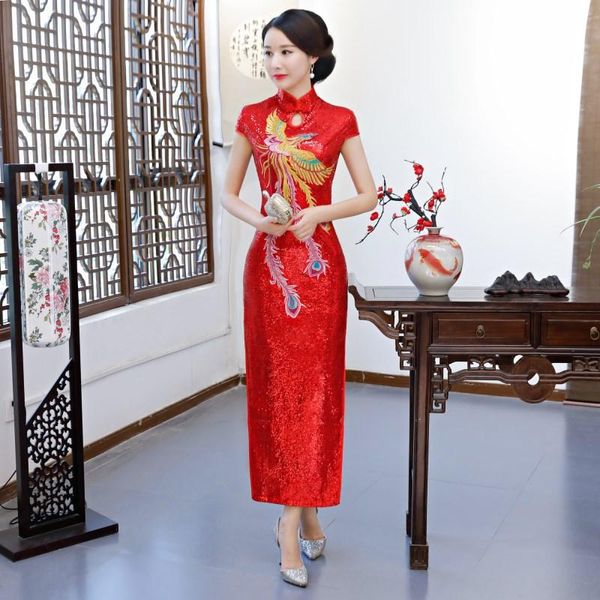 

красные женские летние длинные cheongsam винтаж китайский стиль мандарин воротник qipao сетки блестками тонкий вечернее платье vestido s-4xl, Red