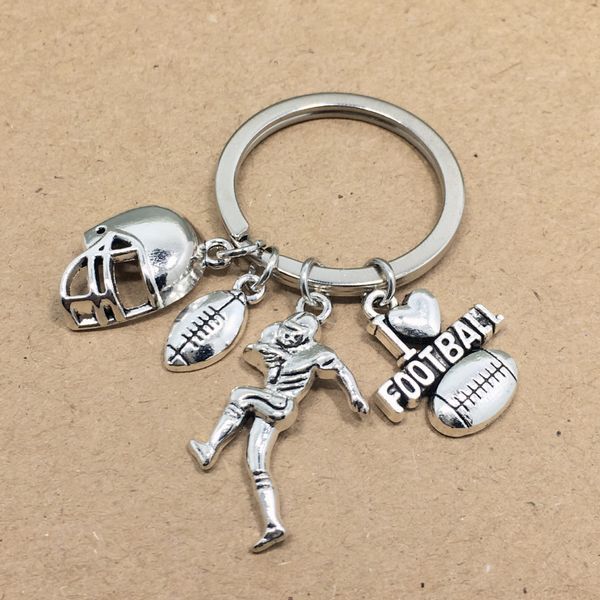 

ancient silver i love football rugby player helmet charm pendant keychain keyring fashion couple jewelry designer keychain man holiday gift, Slivery;golden