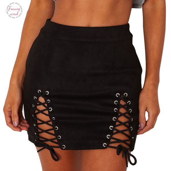 

2020 new high waist short pencil skirt lace leather suede skirts women vintage cross zipper split mini skirt 55, Black