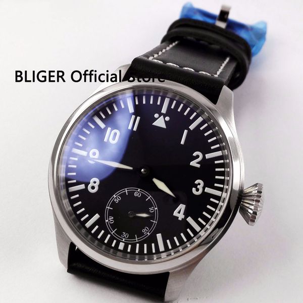 

classic 47mm black sterile big dial men's watch luminous mechanical 17 jewels 6498 hand winding movement wristwatch, Slivery;brown
