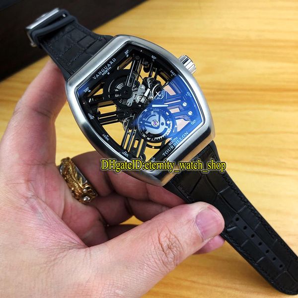 

6 color new saratoge vanguard skeleton v 45 t sqt nr skeleton dial tourbillon japan miyota automatic mens watch silver case rubber strap, Slivery;brown