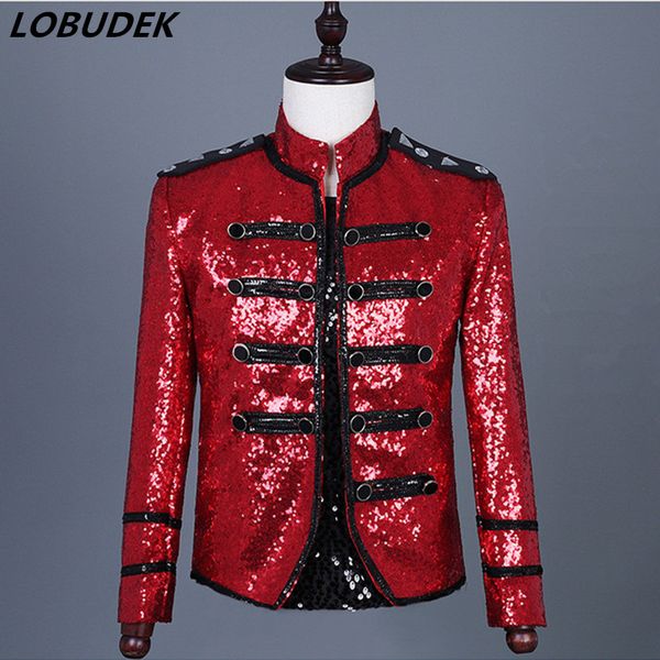 

tide male rock singer concert costume red sequins double-breasted stripe jacket slim coat nightclub dj dancer performance jacket, Black;brown