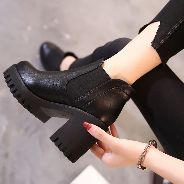 

2020 women booties high spring new martin british style thick heel women's shoes casual ladies ankle boots, Black