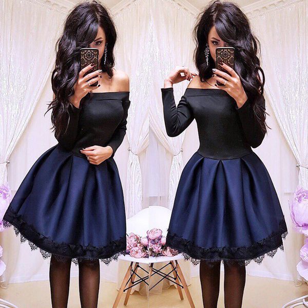 

Women Vintage Off the Shoulder Lace Patchwork Party Dress Long Sleeve Solid A-line Mini Dress 2018 Winter Fashion Women Dress