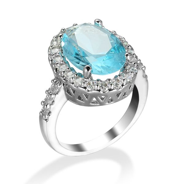 

big blue stone sparkling zircon wedding engagement ring for women promise band oval rings fashion party jewelry girls gifts, Slivery;golden