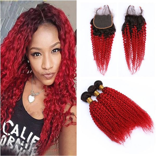 Dark Roots Red Human Hair Weaves With 4x4 Lace Front Closurekinky