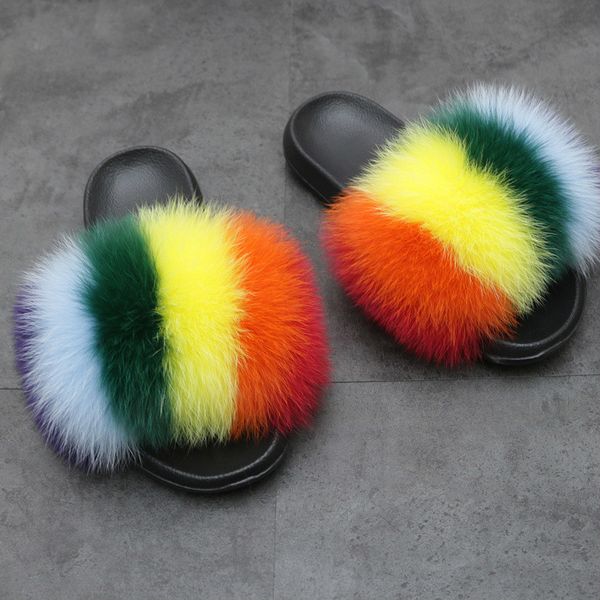 

fashion mixed colors fox slippers women rainbow shoes fox fur slides fluffy soft house slippers female cute fuzzy fur flip flops, Black