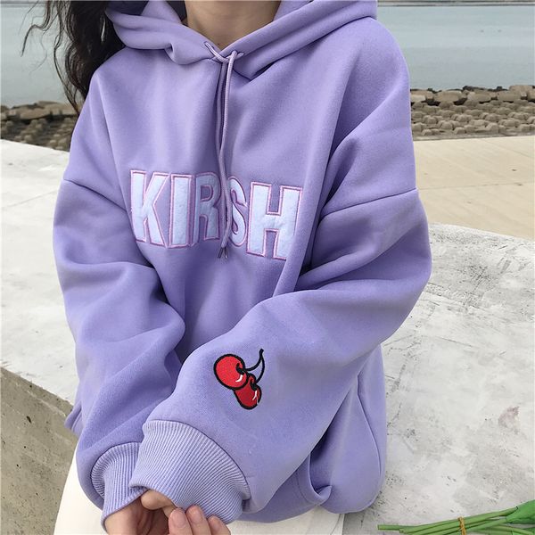 

new autumn hoodies female college wind sweet cherry embroidery hoodie loose hooded harajuku letter plus velvet pullover, Black