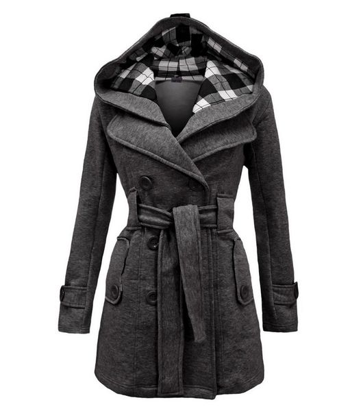 

lady warm autumn winter coat women double -breasted hooded mantle long jacket wool blends outwear chaquetones de mujer, Black