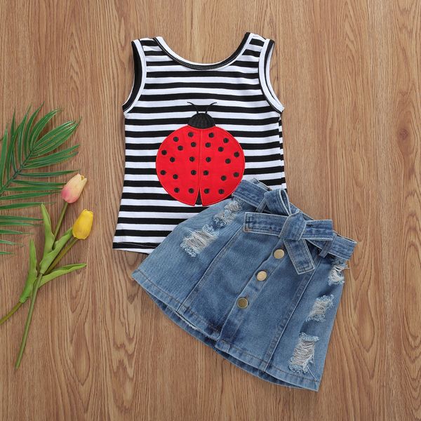 

new 2pcs summer toddler kid baby girl clothes ladybug striped t-shirt denim shorts outfit 1-6years, White