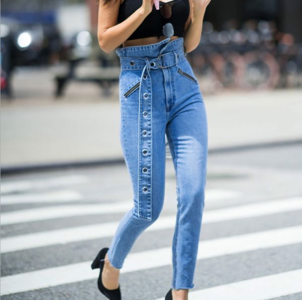 

2019 new style jean pant stylish women high waisted spring denim pant with lace up belt pants skinny womens pencil pants, Blue