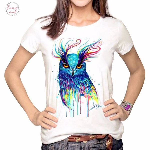 

lei sagly owl oil painting t shirt women summer short sleeve tshirt female casual clothes fashion women streetwear top, White