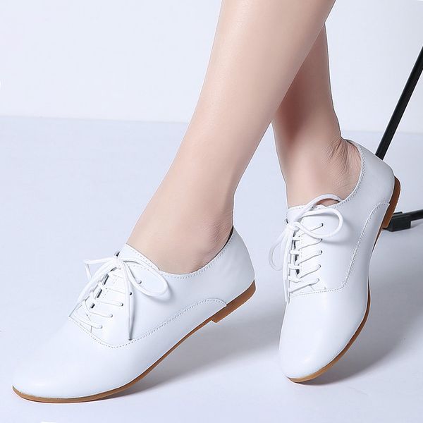 

lzj 2019 spring women oxford shoes ballerina flats shoes women genuine leather moccasins lace up loafers white 35-44, Black